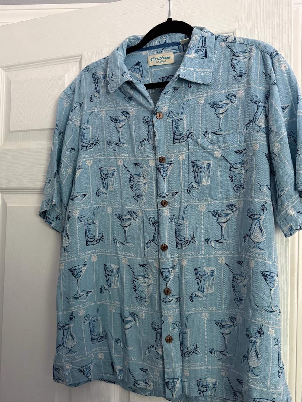 Caribbean Light Blue Short-Sleeve Cocktail Print Button-Down Shirt